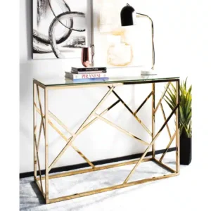 طاولة كونسول ذهبي مع سطح زجاج